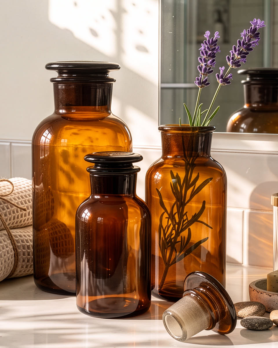 Set of 3 Brown Glass Apothecary Jars
