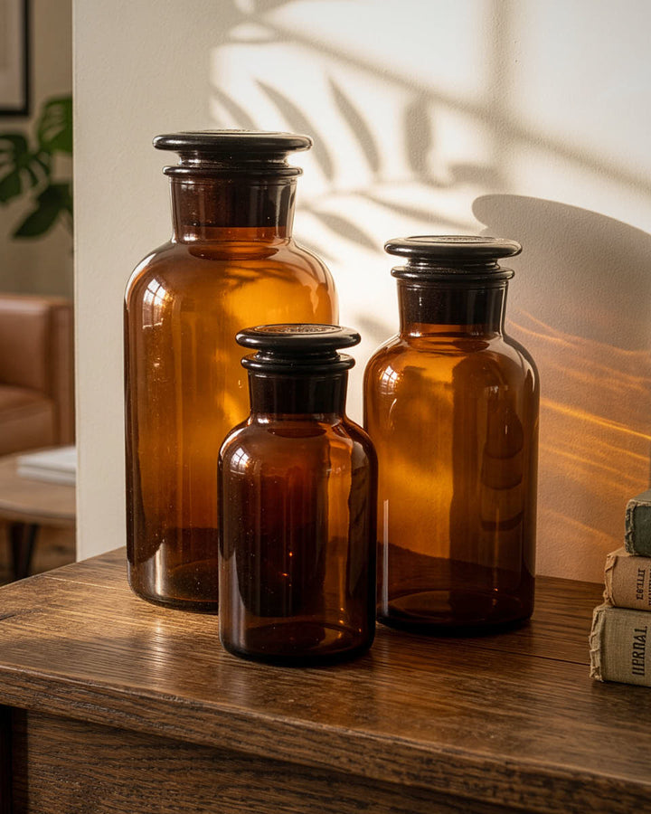 Set of 3 Brown Glass Apothecary Jars