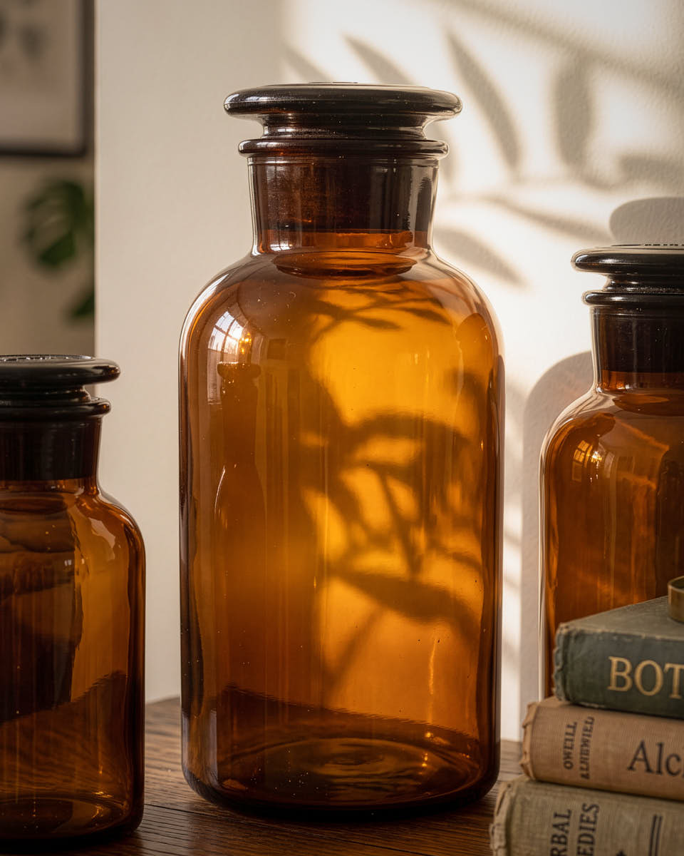 Set of 3 Brown Glass Apothecary Jars