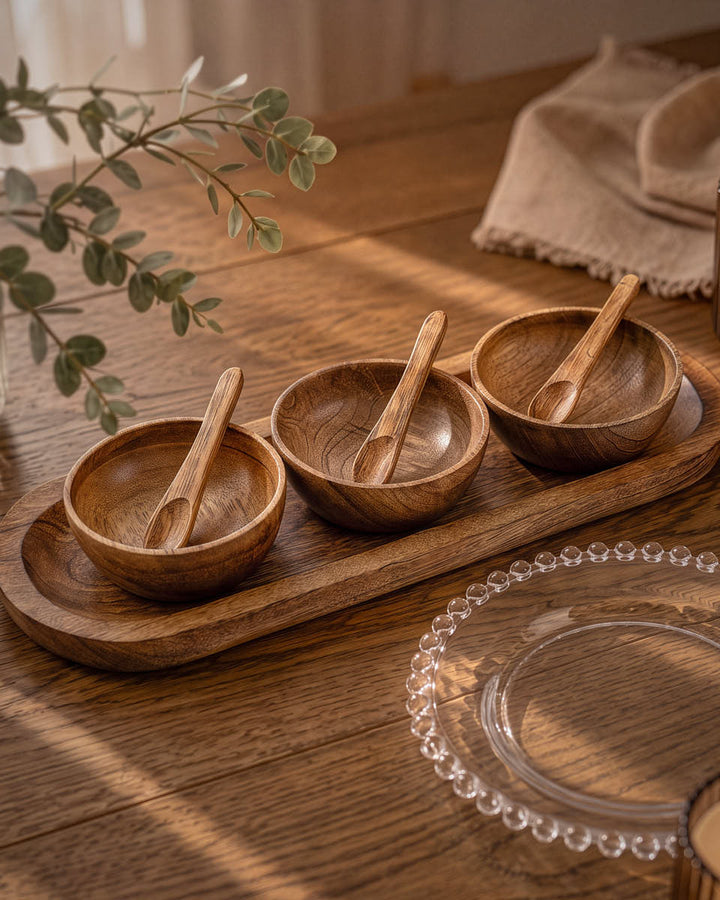 Mango Wood Serving Bowls On Tray