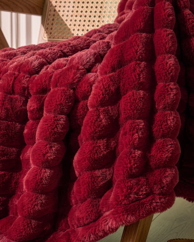 Wine Ribbed Textured Luxe Faux Fur Throw