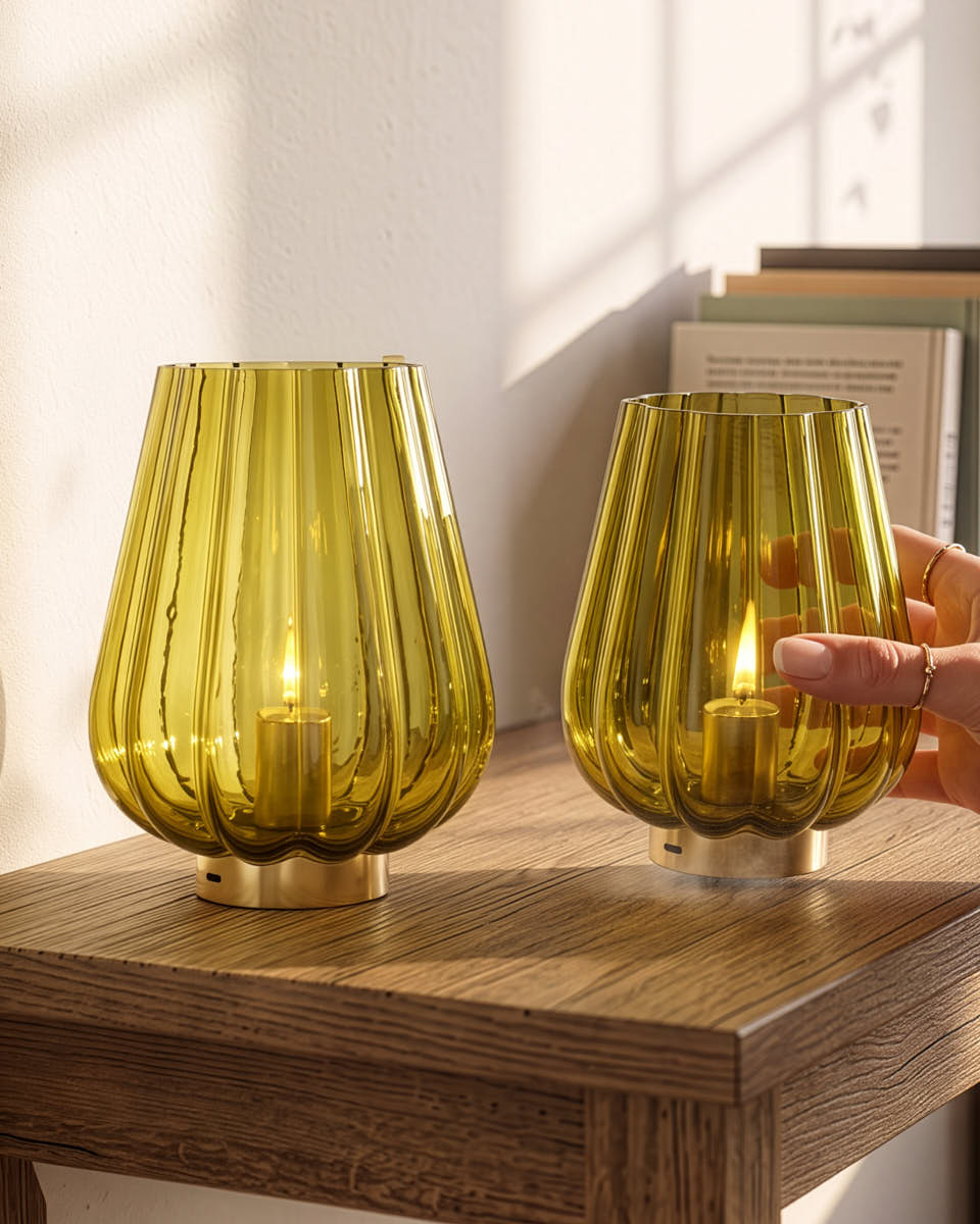 Olive Green Glass LED Lantern