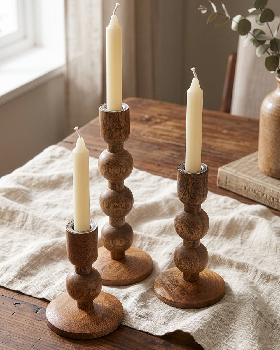 Turned Wood Candle Holder Set of 3