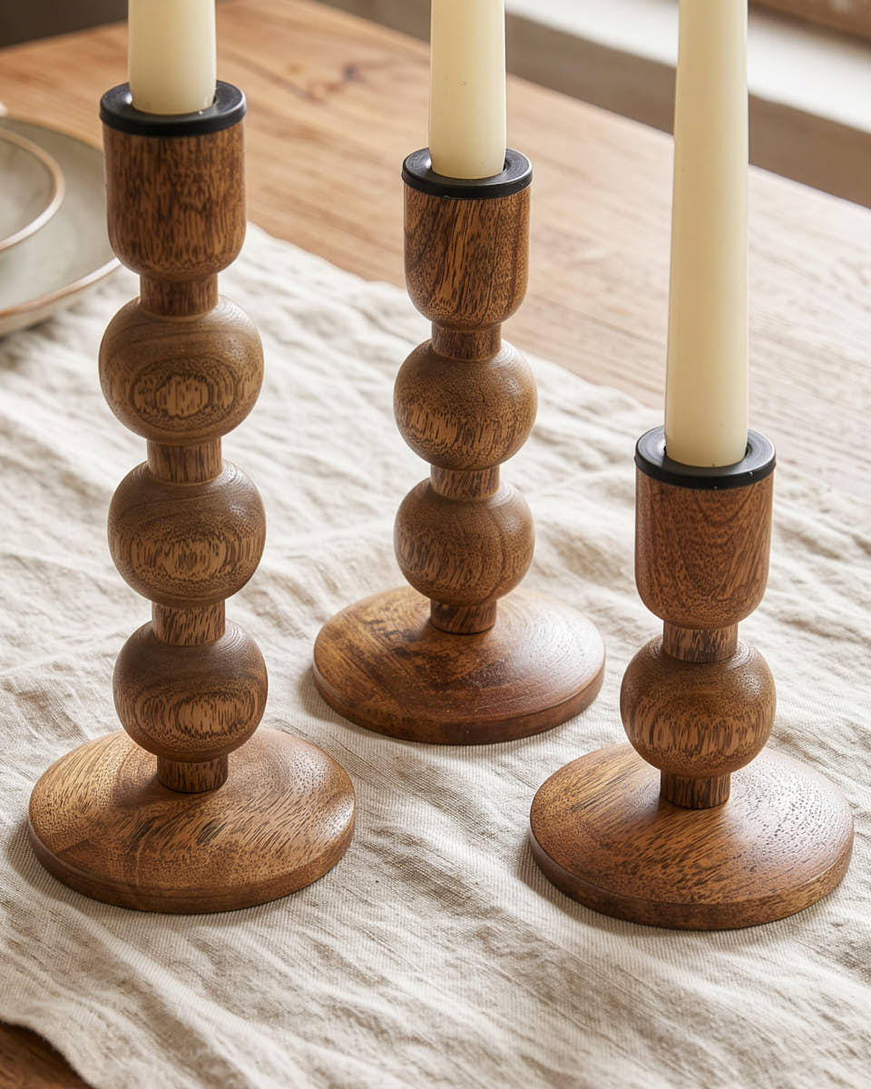 Turned Wood Candle Holder Set of 3