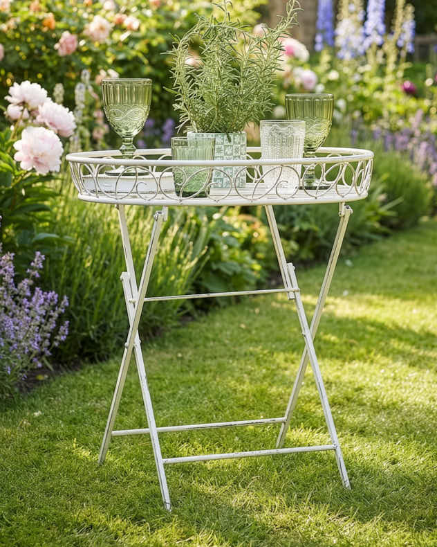 Cream Recycled Iron Outdoor Tables - Folding Slatted Garden Table