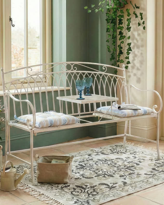Cream Recycled Iron Benches - Cream Arched Companion Seat