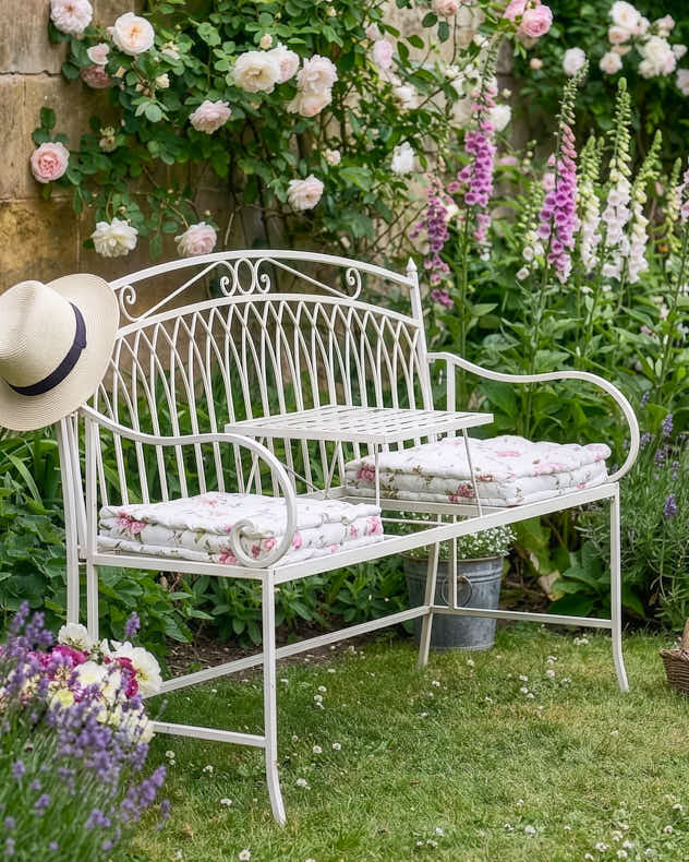 Cream Recycled Iron Garden Bench - Cream Arched Companion Seat Bench