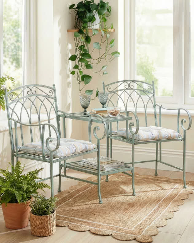 Green Recycled Iron Benches - Green Arched Companion Seat