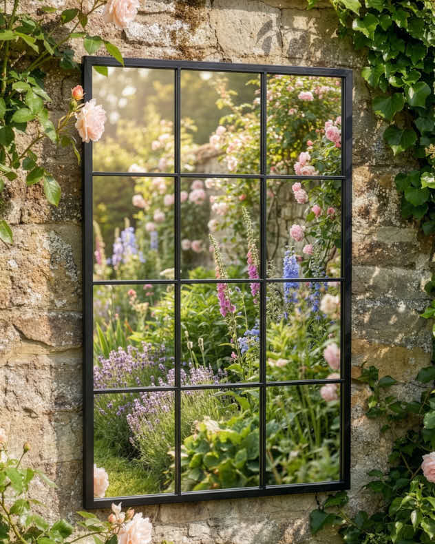 Black Recycled Iron Mirror - Outdoor Tall Black Iron Window Mirror 120cm x 80cm