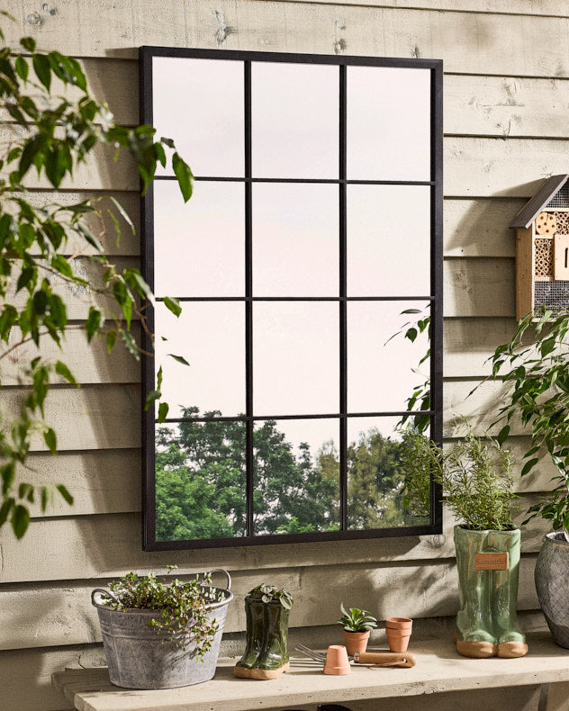 Outdoor Tall Black Iron Window Mirror