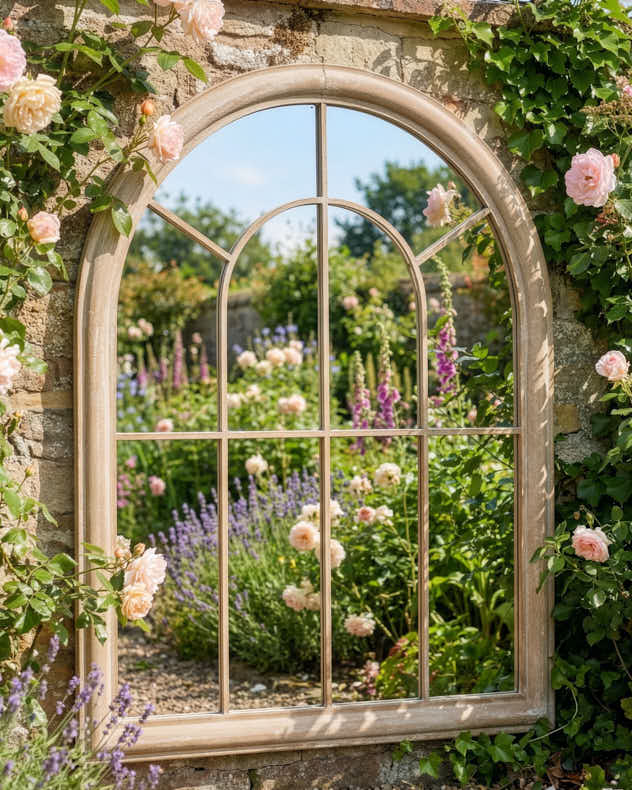 Recycled Iron & Glass Mirror - Outdoor Vintage Arch Window Mirror 88cm x 69cm