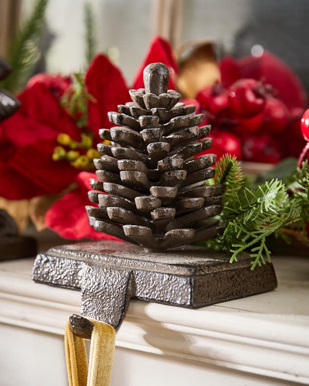 Single Brown Recycled Iron Stocking Holders - Cast Iron Pine Cone Christmas Stocking Holder