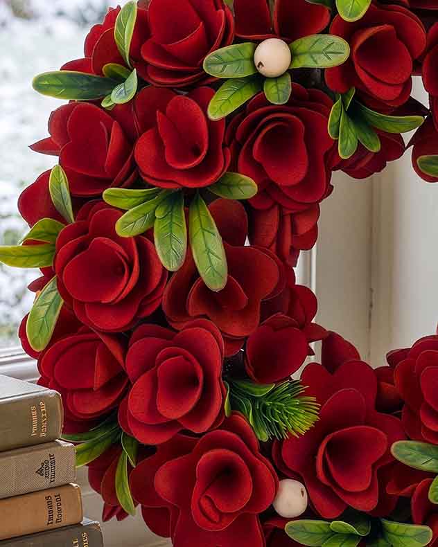 Red Rose Christmas Wreath with Faux Leaves