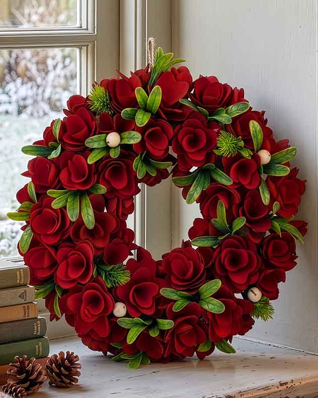 Red Rose Christmas Wreath with Faux Leaves