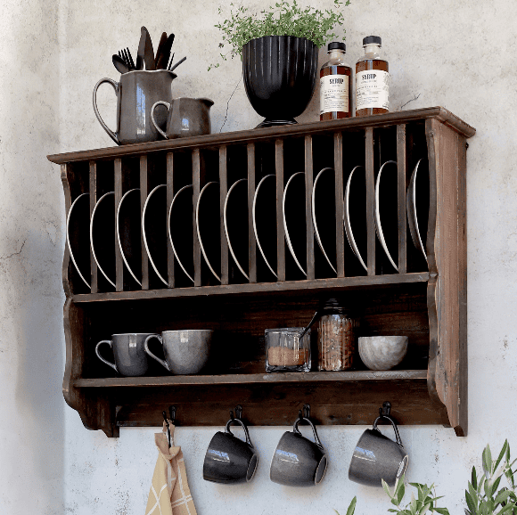 Wooden Vintage Plate Rack with Hooks
