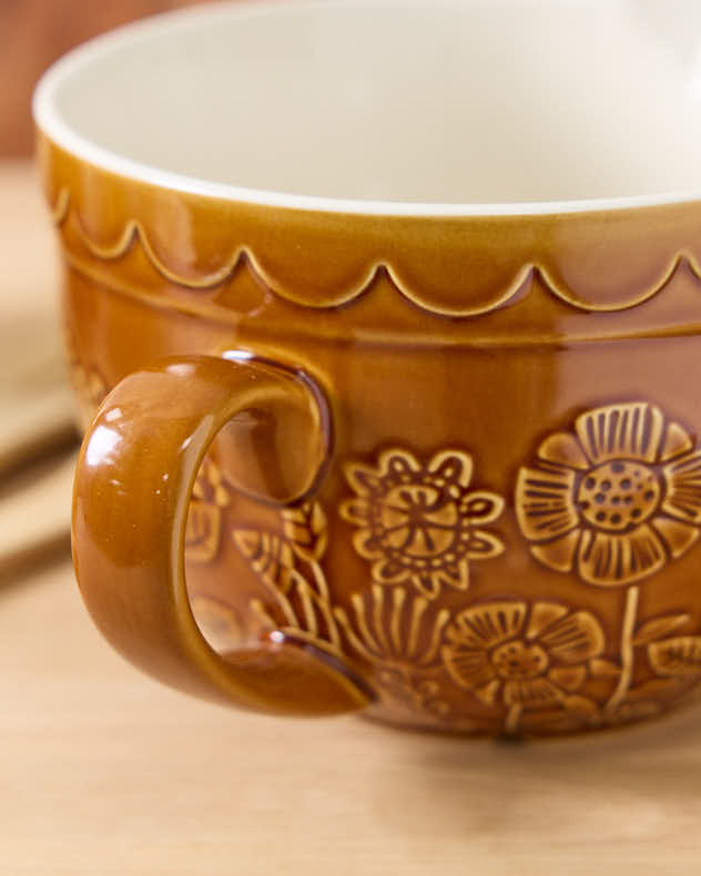 Brown Sunflower Embossed Bowl Jug