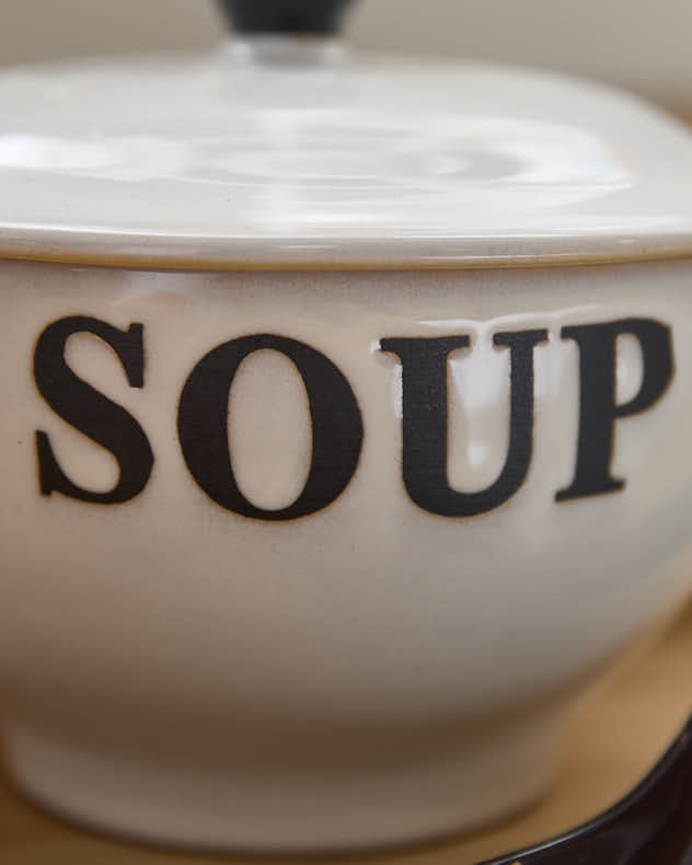Pre-loved White Soup Bowl & Brown Spoon