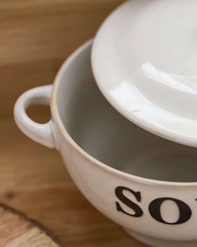 Pre-loved White Soup Bowl & Brown Spoon