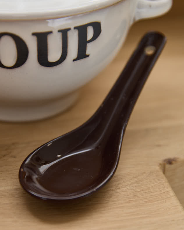 Pre-loved White Soup Bowl & Brown Spoon