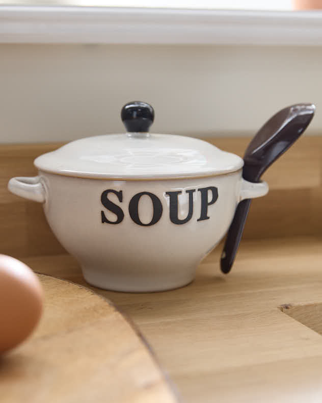 Pre-loved White Soup Bowl & Brown Spoon