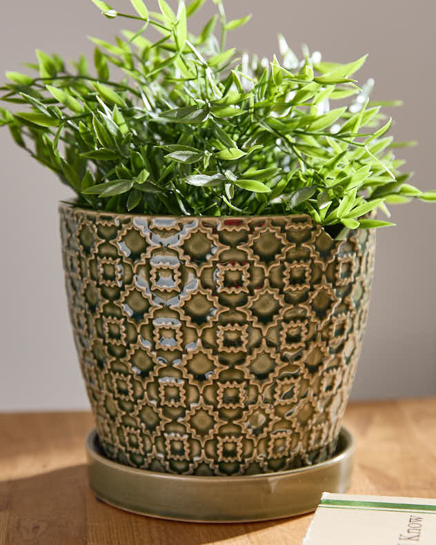 Green Embossed Ceramic Planter
