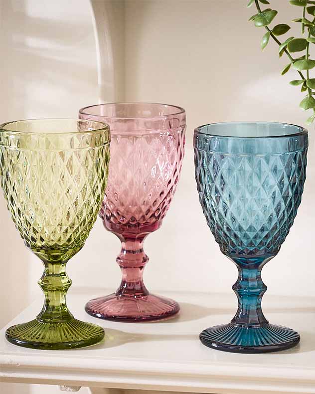 Set of 3 Multi-coloured Embossed Wine Goblets