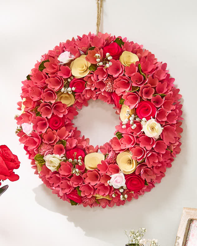 Wooden Pink Rose Spring Wreath