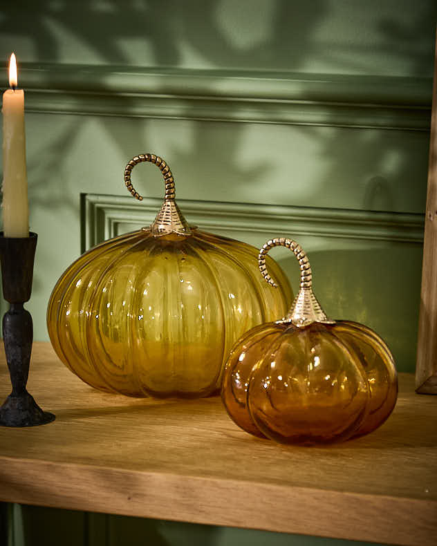 Orange & Yellow & Gold Glass & Metal Ornaments - Golden Ornamental Glass Pumpkin Set