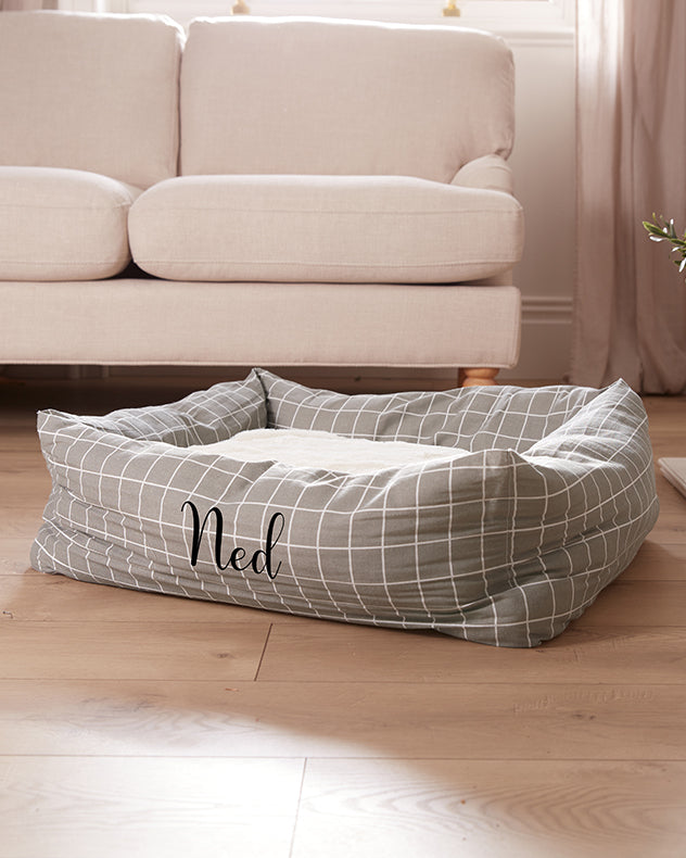 Personalised Large Grey Check Sofa Dog Bed
