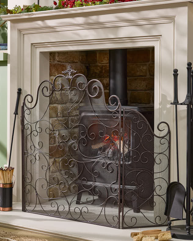 Brown Recycled Iron Fire Screens & Guards - Three Panel Folding Fire Guard