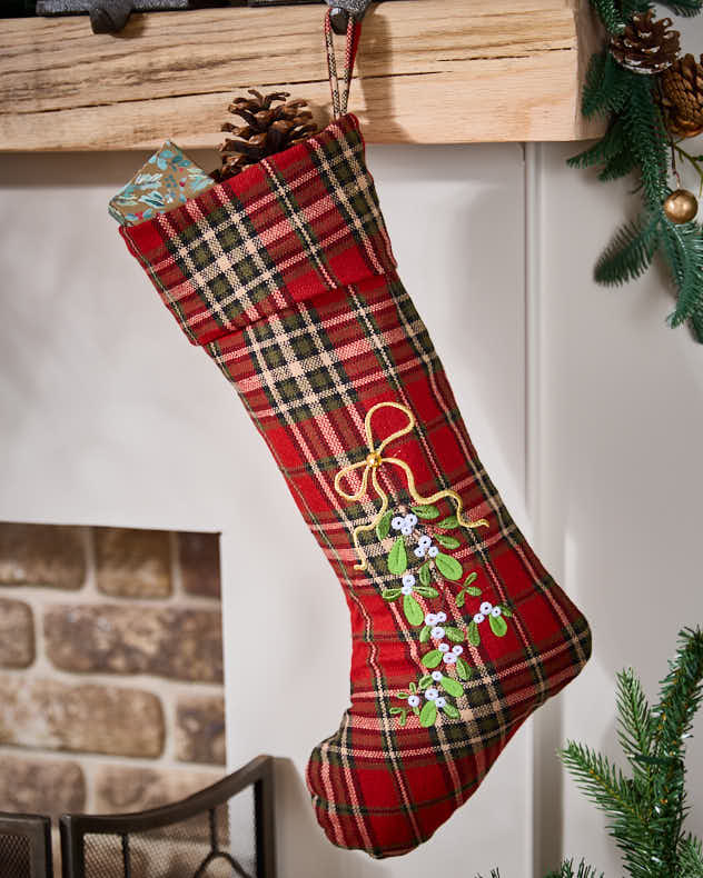 Red & Green Poly blend fabric Stockings - Mistletoe Tartan Christmas Stocking