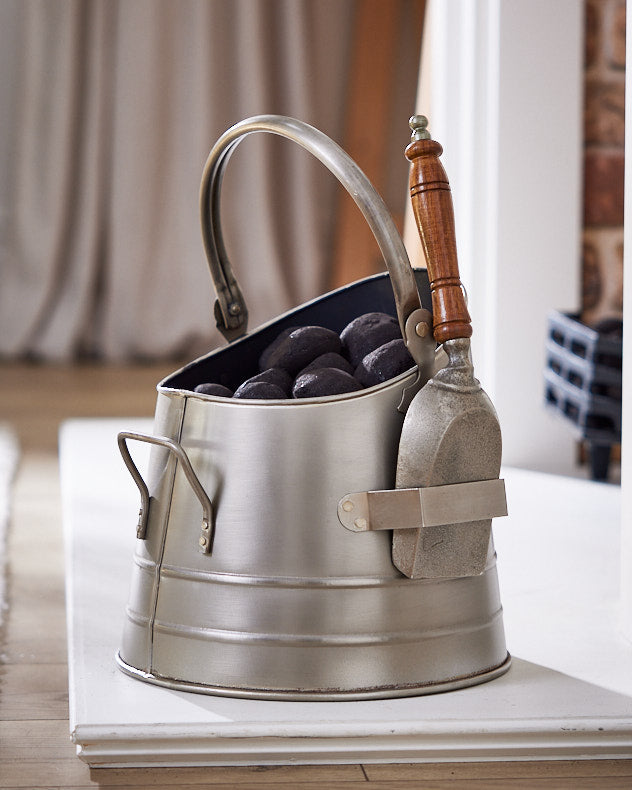 Silver Recycled Iron Log &amp; Coal Storage - Pewter Coal Bucket &amp; Shovel