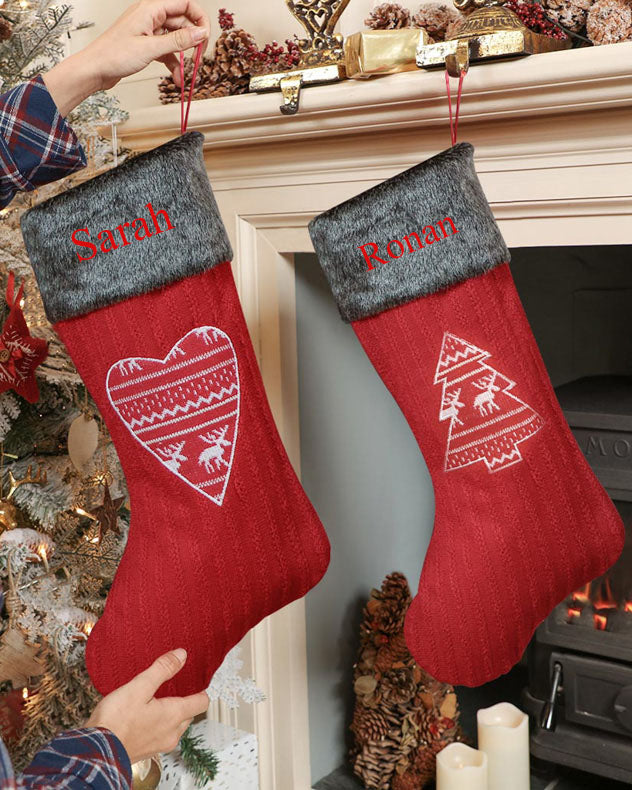 Personalised Red Nordic Tree Christmas Stocking