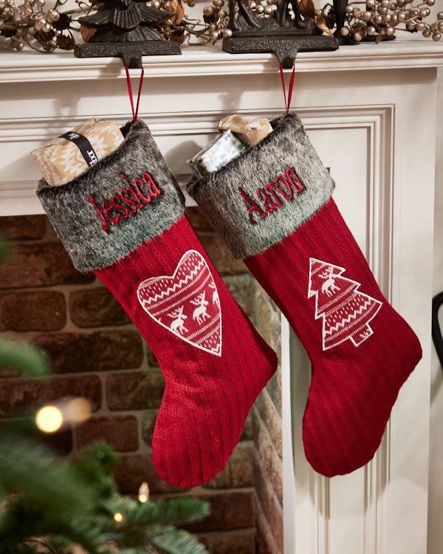 Heart Red & Grey & White Polyester Stockings - Personalised Red Nordic Stockings