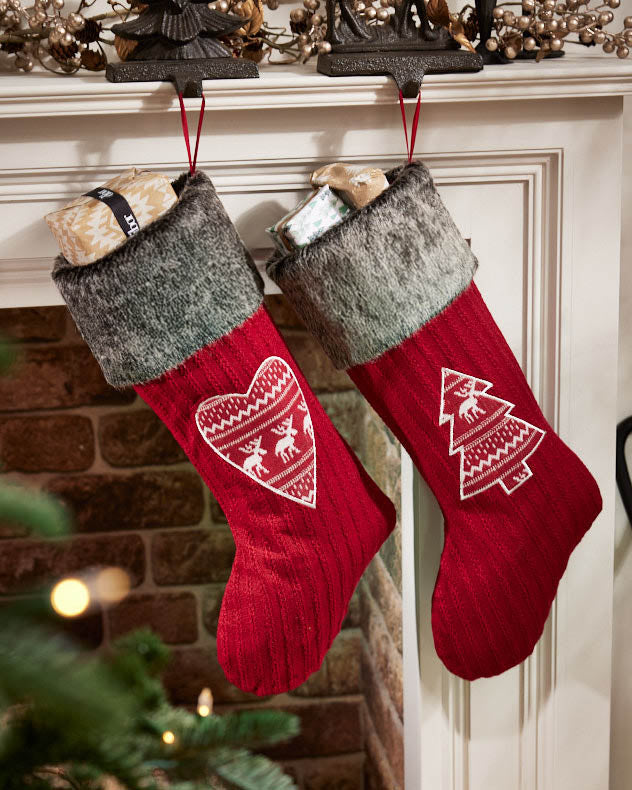 Heart Red & Grey & White Polyester Stockings - Red Nordic Christmas Stockings