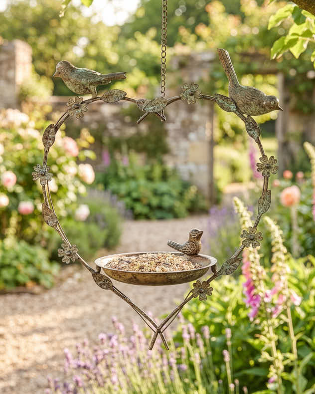 Gold Recycled Iron Bird Feeders - Hanging Heart Garden Bird Feeder