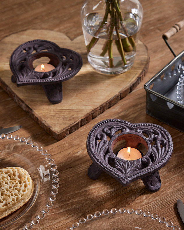 Brown Recycled Iron Candle Holders - Set of 2 Heart Tealight Candle Holders