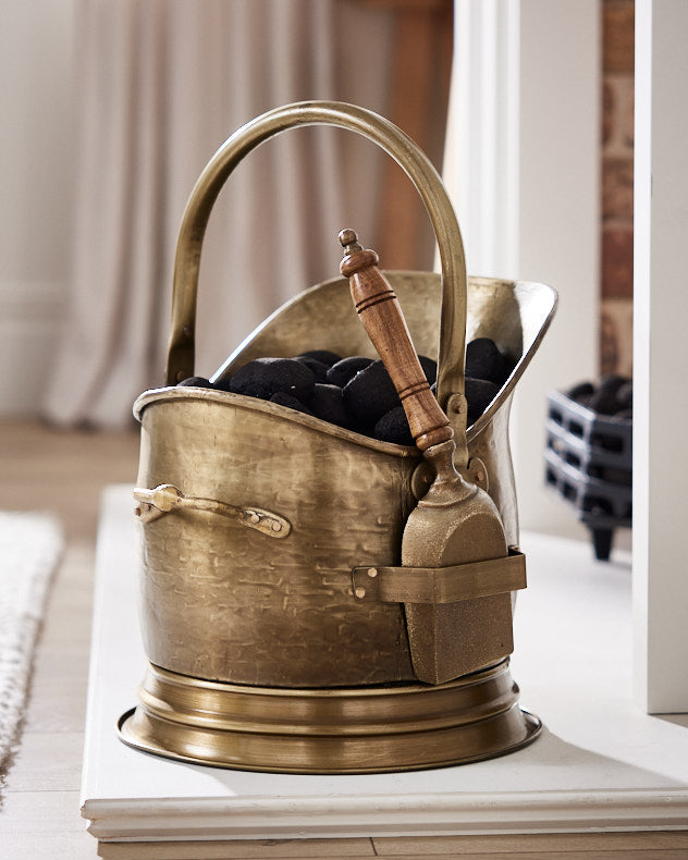 Gold & Brown Recycled Iron Log & Coal Storage - Brass Coal Bucket & Shovel