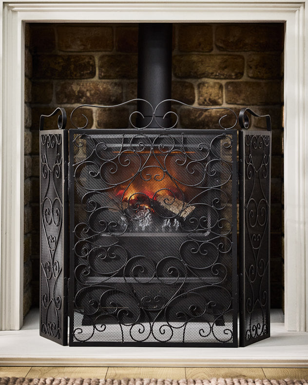 Ornate Scrolled Black Fire Screen