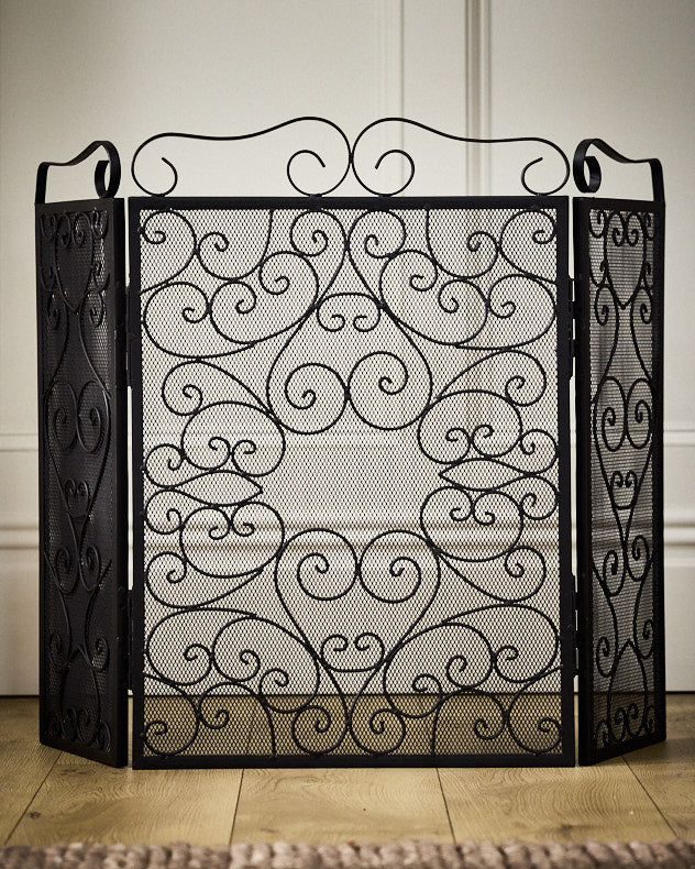 Ornate Scrolled Black Fire Screen