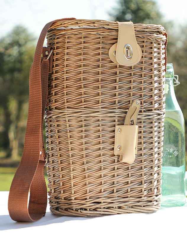 Wicker Two Bottle Carrier with Canvas Carry Strap