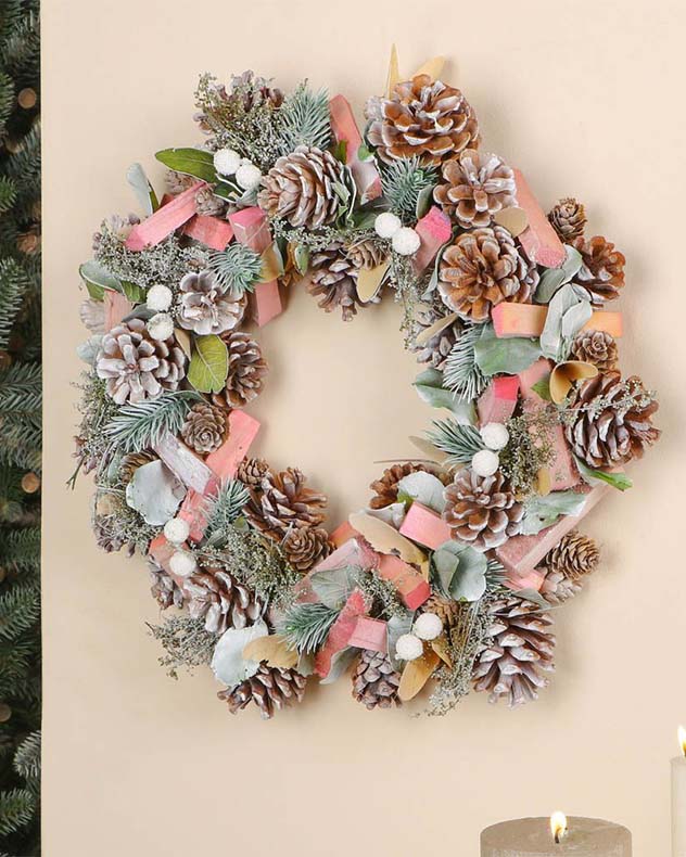Pink & Brown & Green & White Wood & Pinecone Wreaths - Festive Pink Frosted Indoor Wreath 33cm