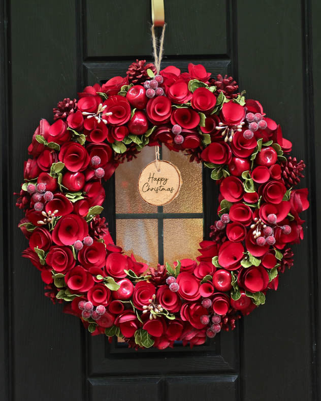 Red Wood & Pinecone Wreaths - Personalised Extra Large Red Roses Wreath