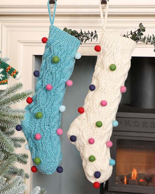 Fairtrade Wool Knitted Christmas Stocking Knitted Pom Pom Hand Crafted Xmas Gift Present Sack Hanging Mantelpiece Decoration