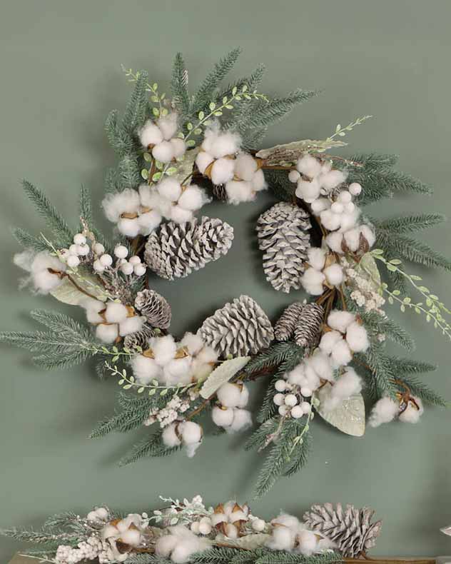 Green & Brown & White Wood & Plastic & Pinecone Wreaths - Snowy Winter Wonderland Wreath