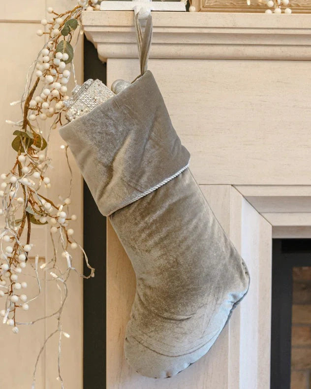 Grey velvet christmas stocking