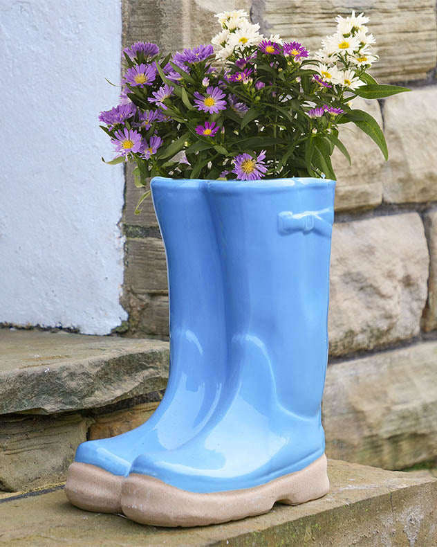 Little and Large Bright Blue Wellington Boot Plant Pots