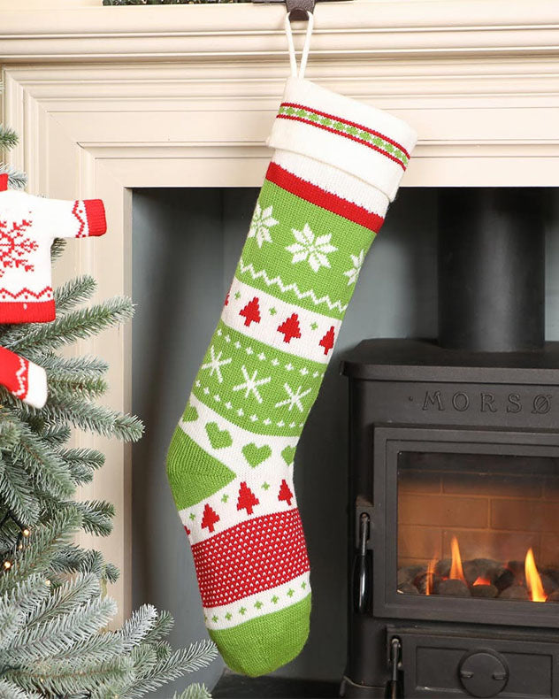 Christmas Stocking Extra Large Knitted Effect Red, Green & White Fair Isle Traditional Style Mantelpiece Festive Xmas Gift Stocking