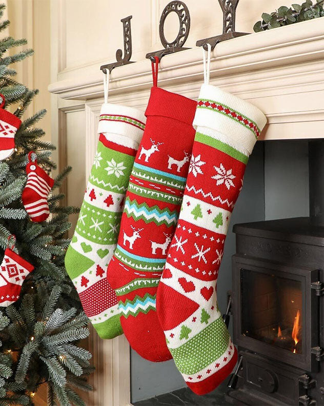 Christmas Stocking Extra Large Knitted Effect Red, Green & White Fair Isle Traditional Style Mantelpiece Festive Xmas Gift Stocking