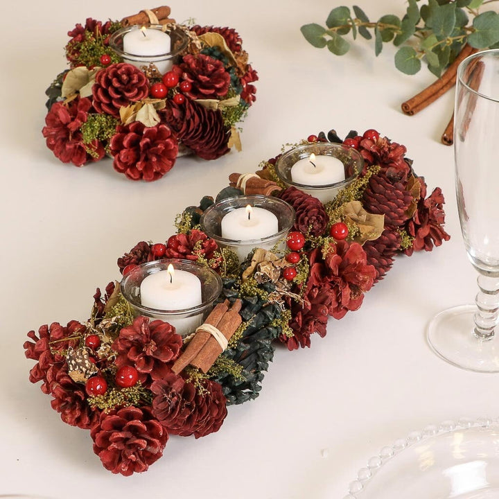 Tea Light Candle Holder Cinnamon & Dyed Pine Cone Christmas Dining Table Centrepiece Tealight Candle Lantern Seasonal Festive Home DÃ©cor